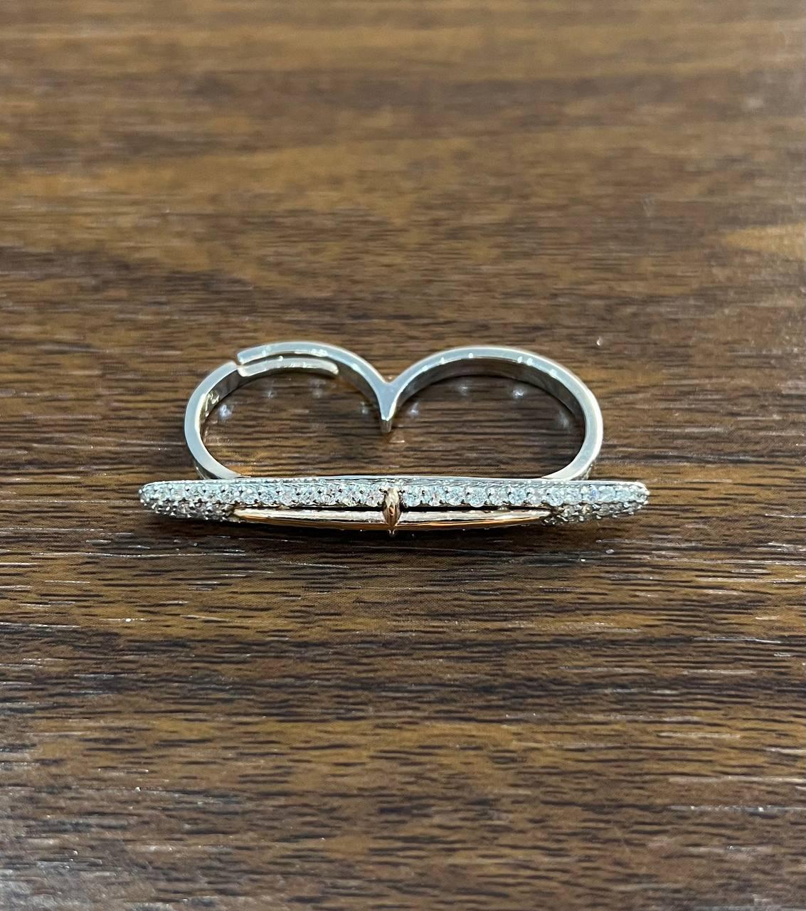 Diamond Pave Double Finger Knuckle 14K Rose White Gold Statement Ring