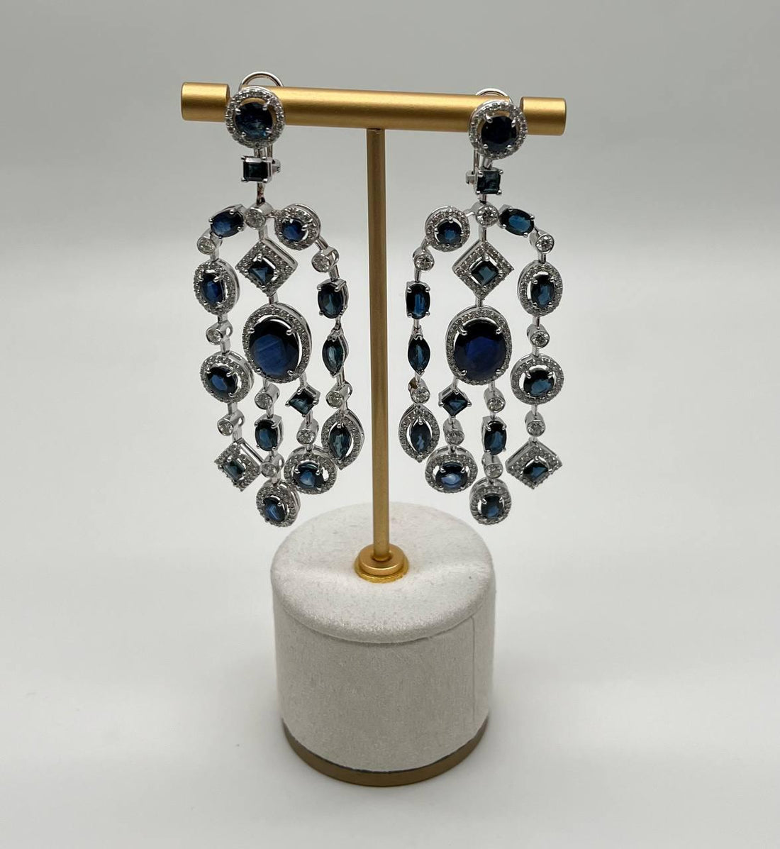 Blue Sapphire Fancy Shape White Diamond 18K White Gold Drop Statement Earrings