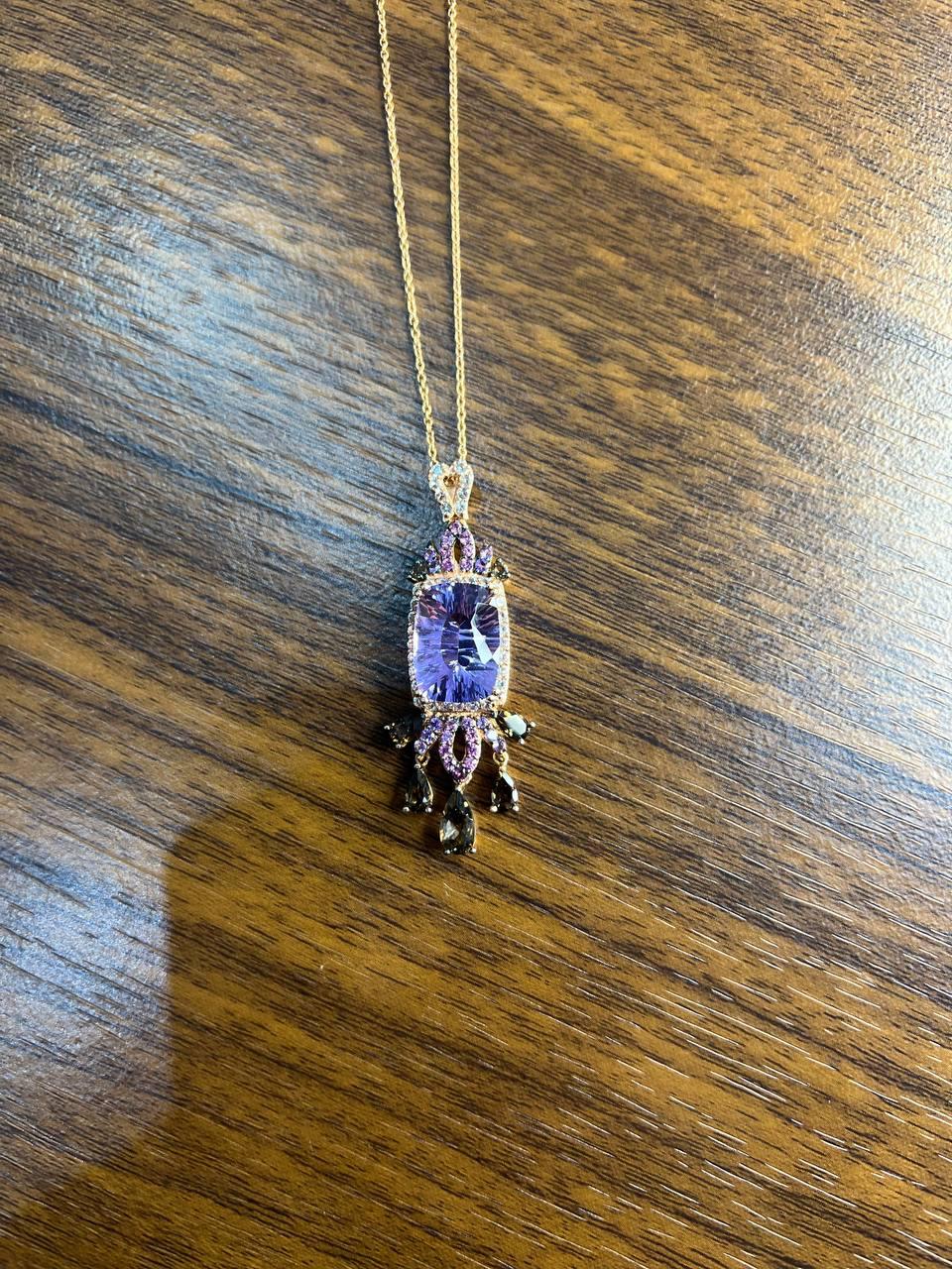 Cushion Purple Amethyst Pink Sapphire Diamonds Halo Rose Gold Pendant Necklace