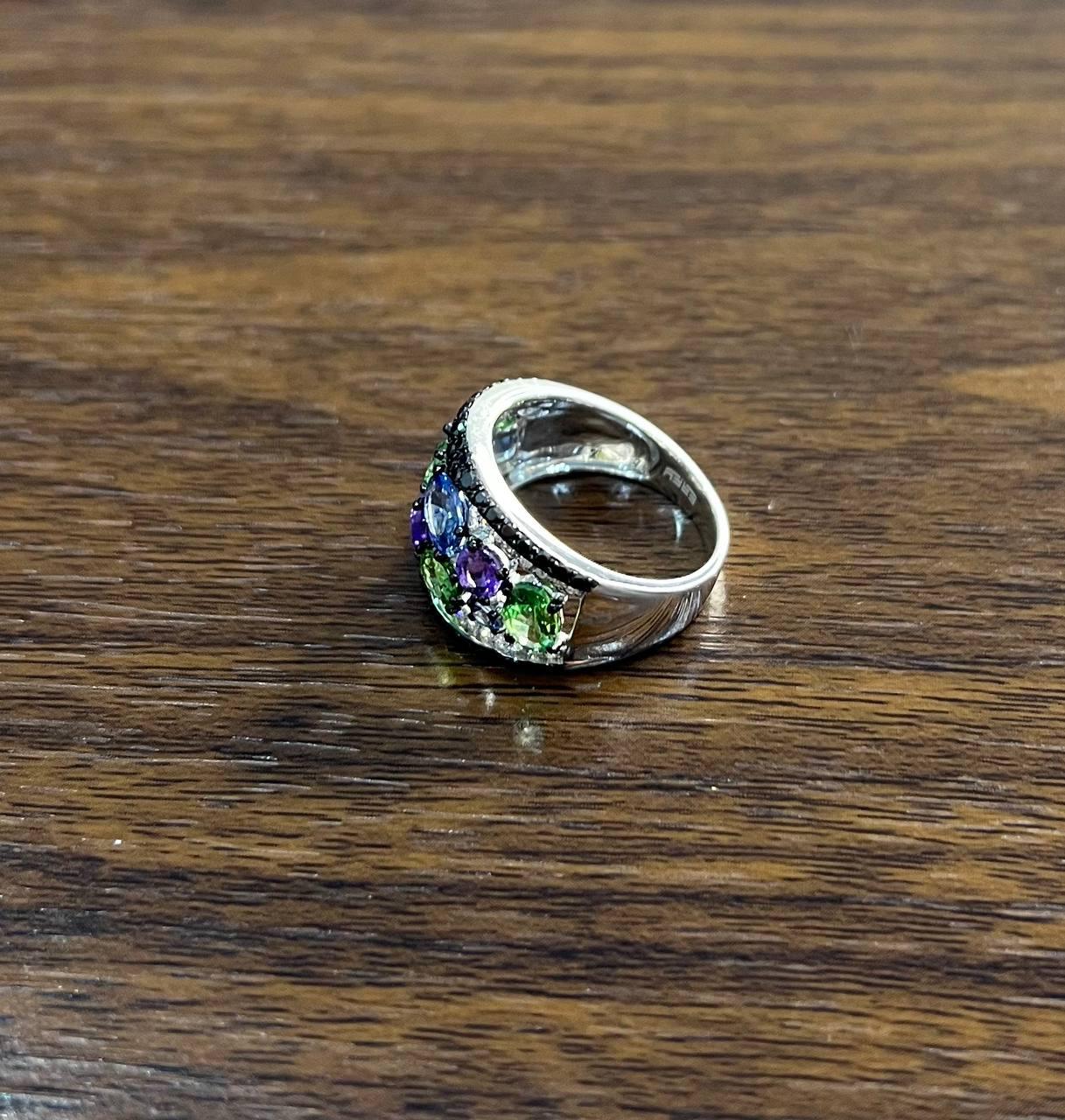 Purple Amethyst Green Tsavorite Blue Sapphire Black Diamonds 14K White Gold Ring