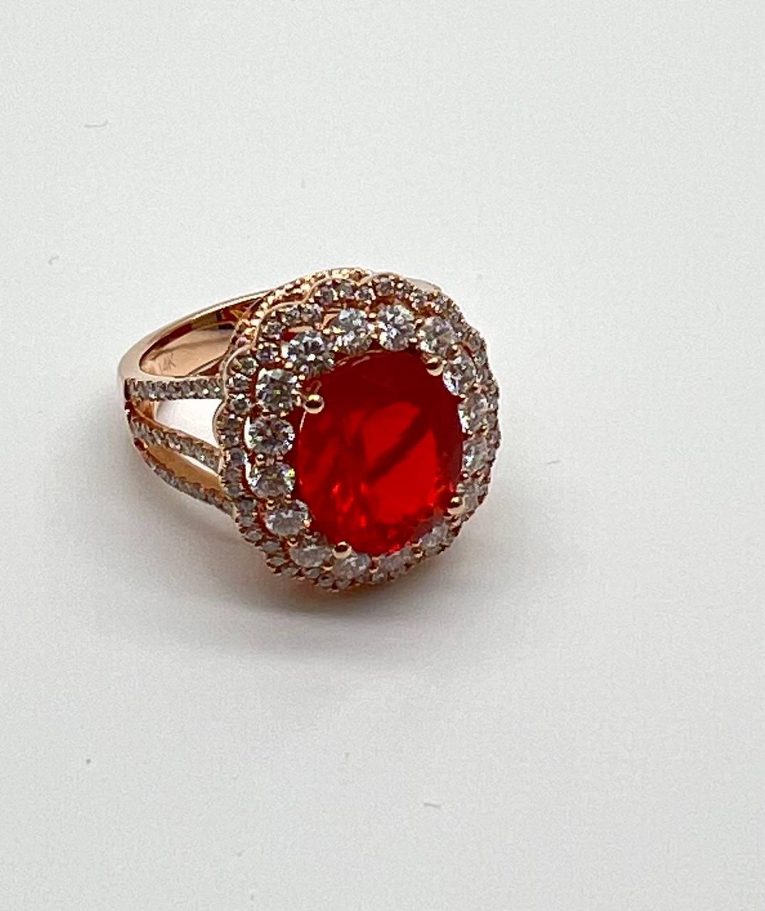 Fire Opal Oval Shape Cut Diamond Halo 14 Karat Rose Gold Statement Classic Ring