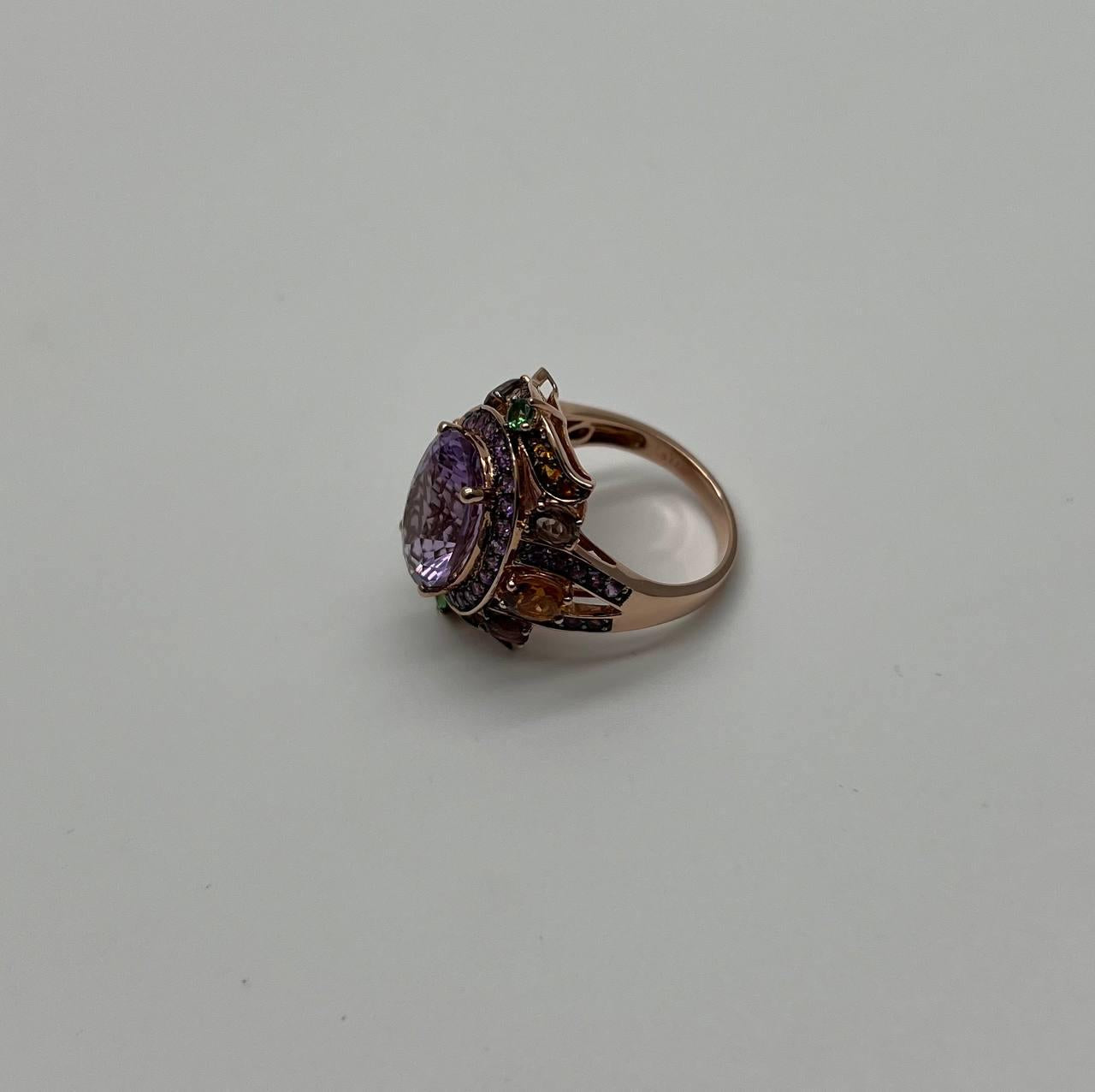 Purple Amethyst Rainbow Color Gemstone Diamonds 14K Gold Statement Cocktail Ring