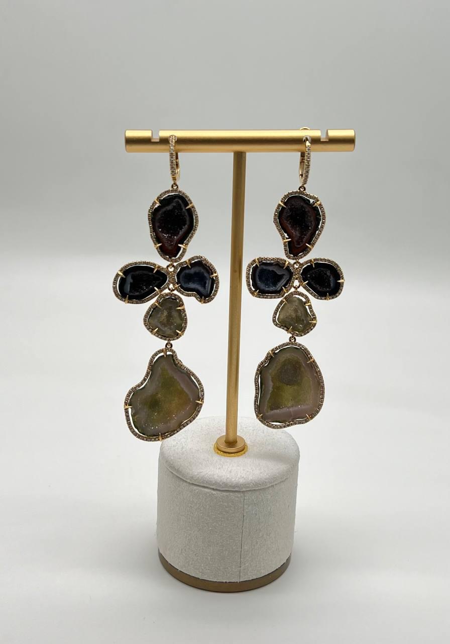 Free Shape Brown Grey Druzy Quartz Crystal Diamonds 18K Yellow Gold Earrings