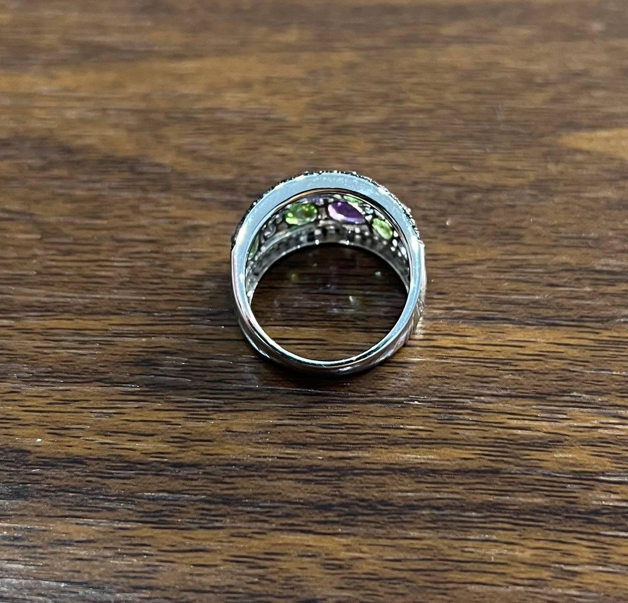 Purple Amethyst Green Tsavorite Blue Sapphire Black Diamonds 14K White Gold Ring
