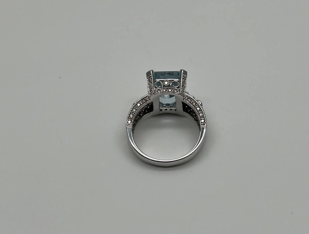 Rectangular Step Cut Blue Topaz White Diamonds 14K White Gold Statement Ring
