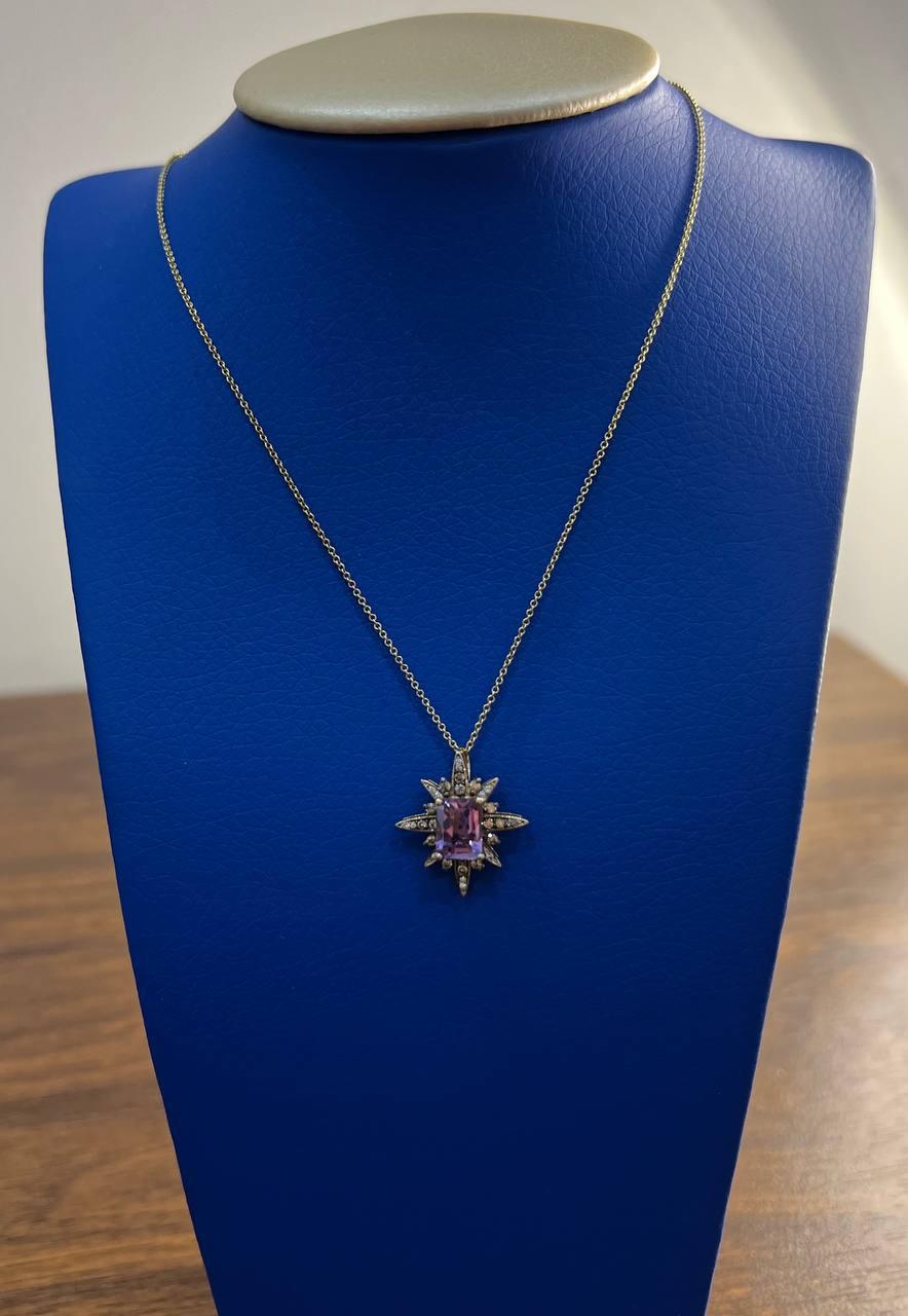 Purple Violet Amethyst Starburst Compass Diamonds Yellow Gold Pendant Necklace