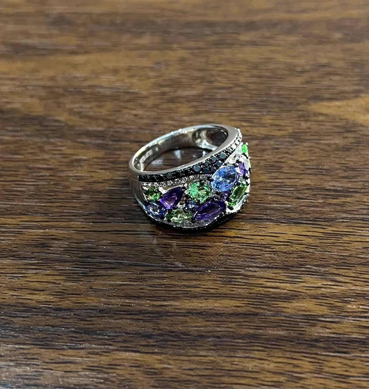 Purple Amethyst Green Tsavorite Blue Sapphire Black Diamonds 14K White Gold Ring