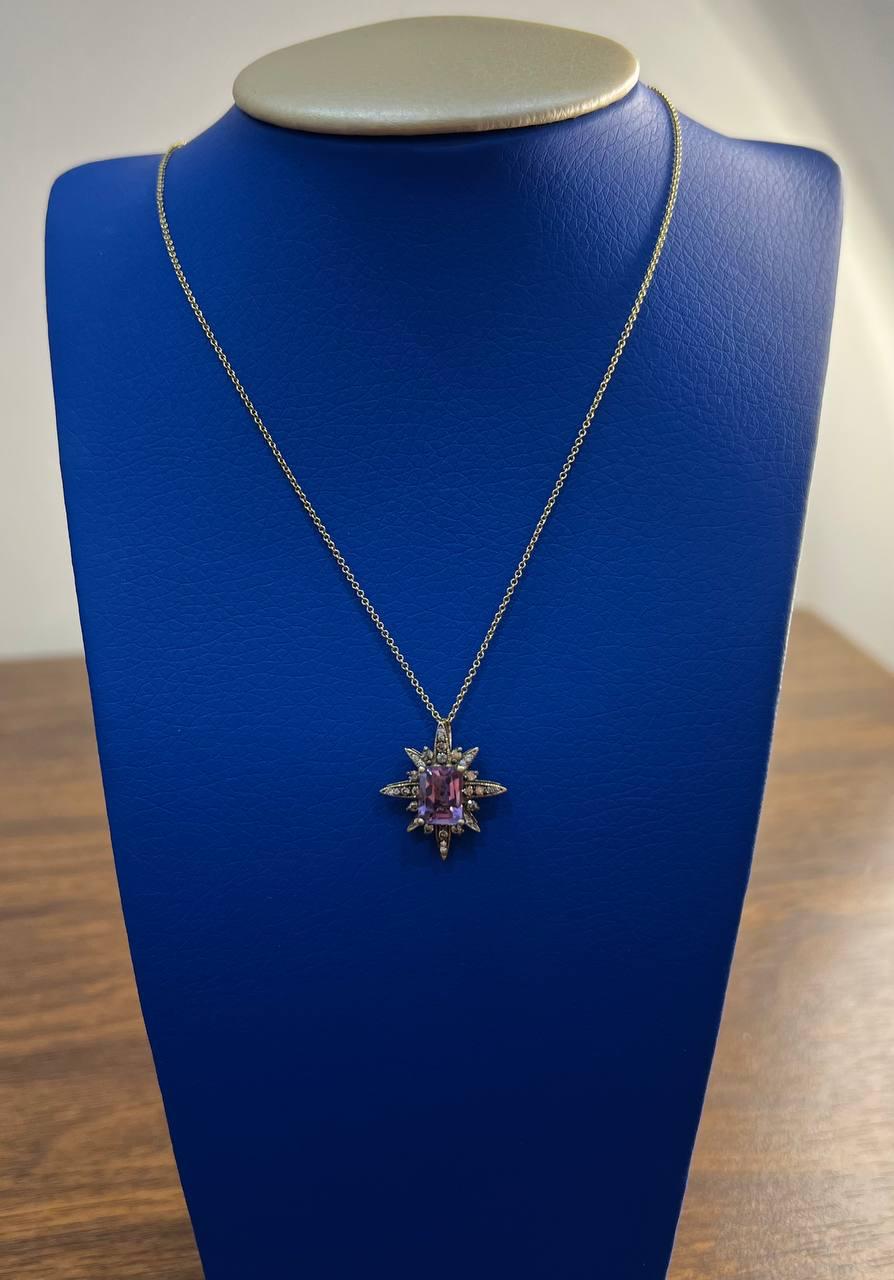 Purple Violet Amethyst Starburst Compass Diamonds Yellow Gold Pendant Necklace
