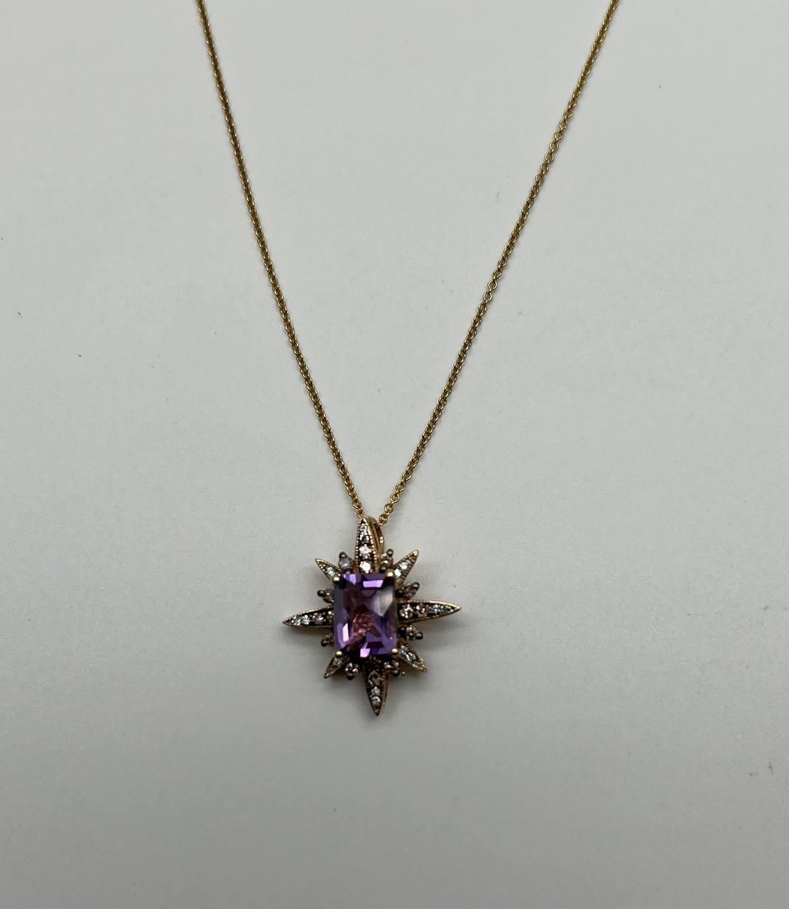 Purple Violet Amethyst Starburst Compass Diamonds Yellow Gold Pendant Necklace