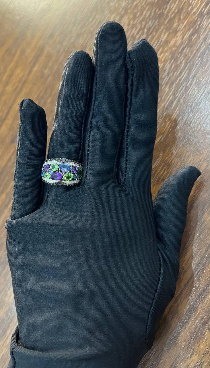 Purple Amethyst Green Tsavorite Blue Sapphire Black Diamonds 14K White Gold Ring
