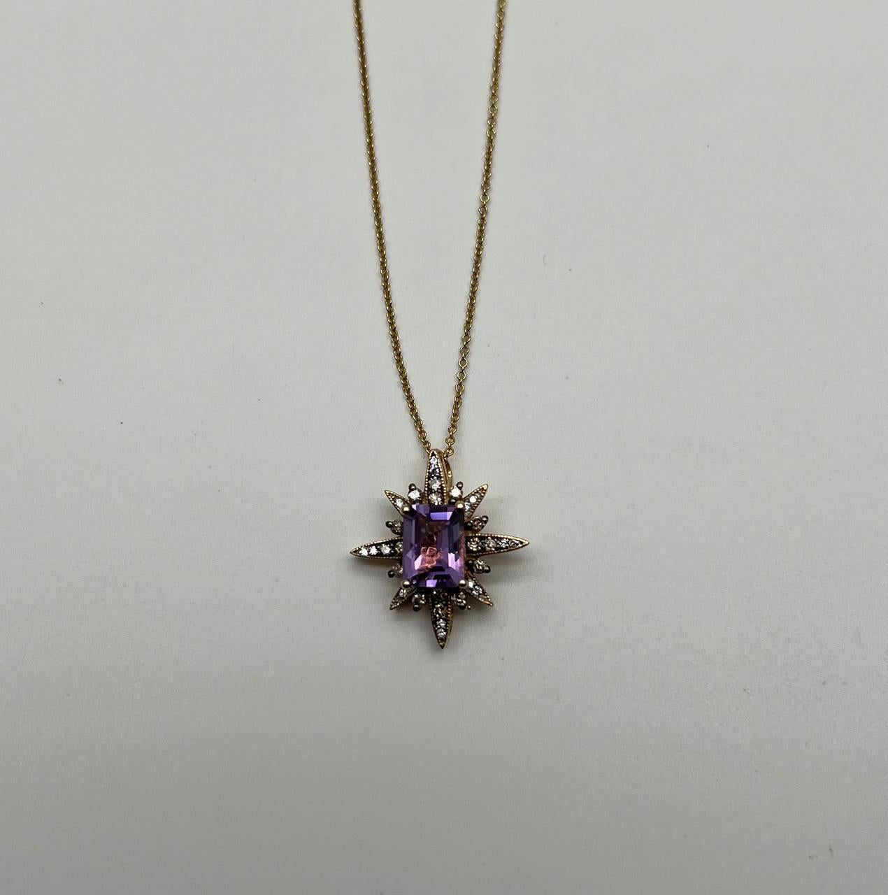Purple Violet Amethyst Starburst Compass Diamonds Yellow Gold Pendant Necklace