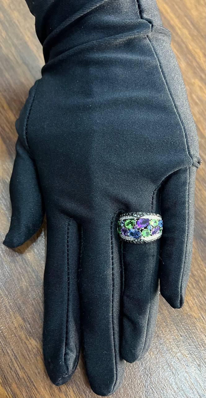 Purple Amethyst Green Tsavorite Blue Sapphire Black Diamonds 14K White Gold Ring