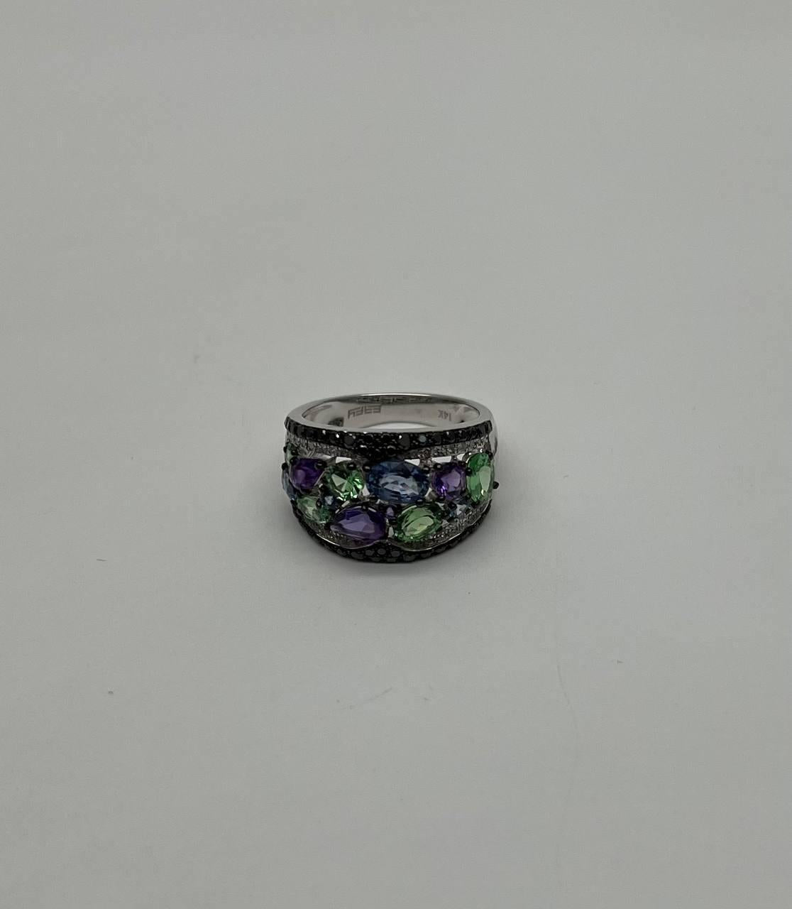 Purple Amethyst Green Tsavorite Blue Sapphire Black Diamonds 14K White Gold Ring