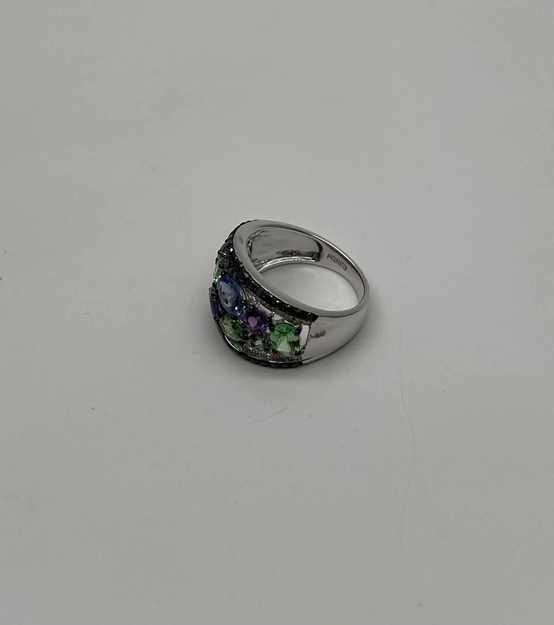 Purple Amethyst Green Tsavorite Blue Sapphire Black Diamonds 14K White Gold Ring