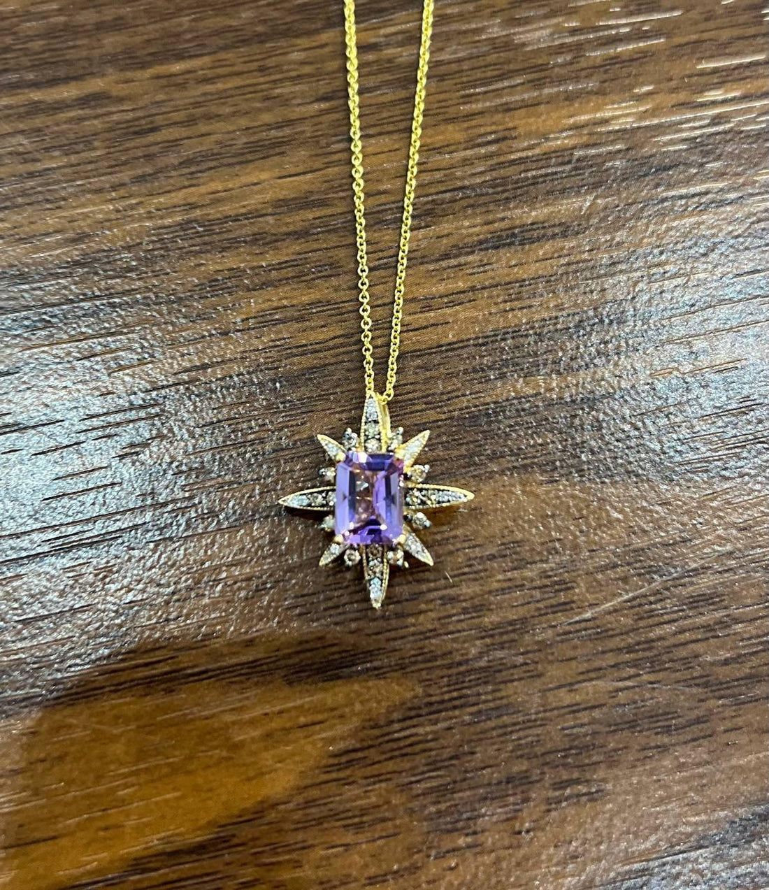 Purple Violet Amethyst Starburst Compass Diamonds Yellow Gold Pendant Necklace