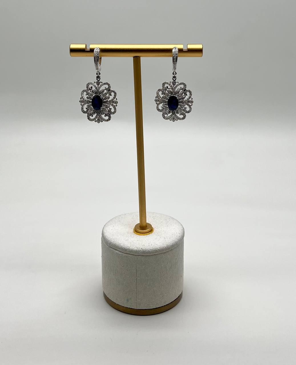 Blue Sapphire White Diamonds Symbol 14K White Gold Statement Scroll Earrings