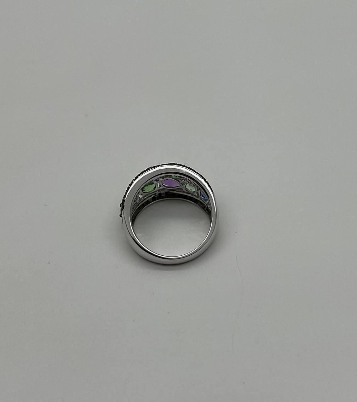 Purple Amethyst Green Tsavorite Blue Sapphire Black Diamonds 14K White Gold Ring