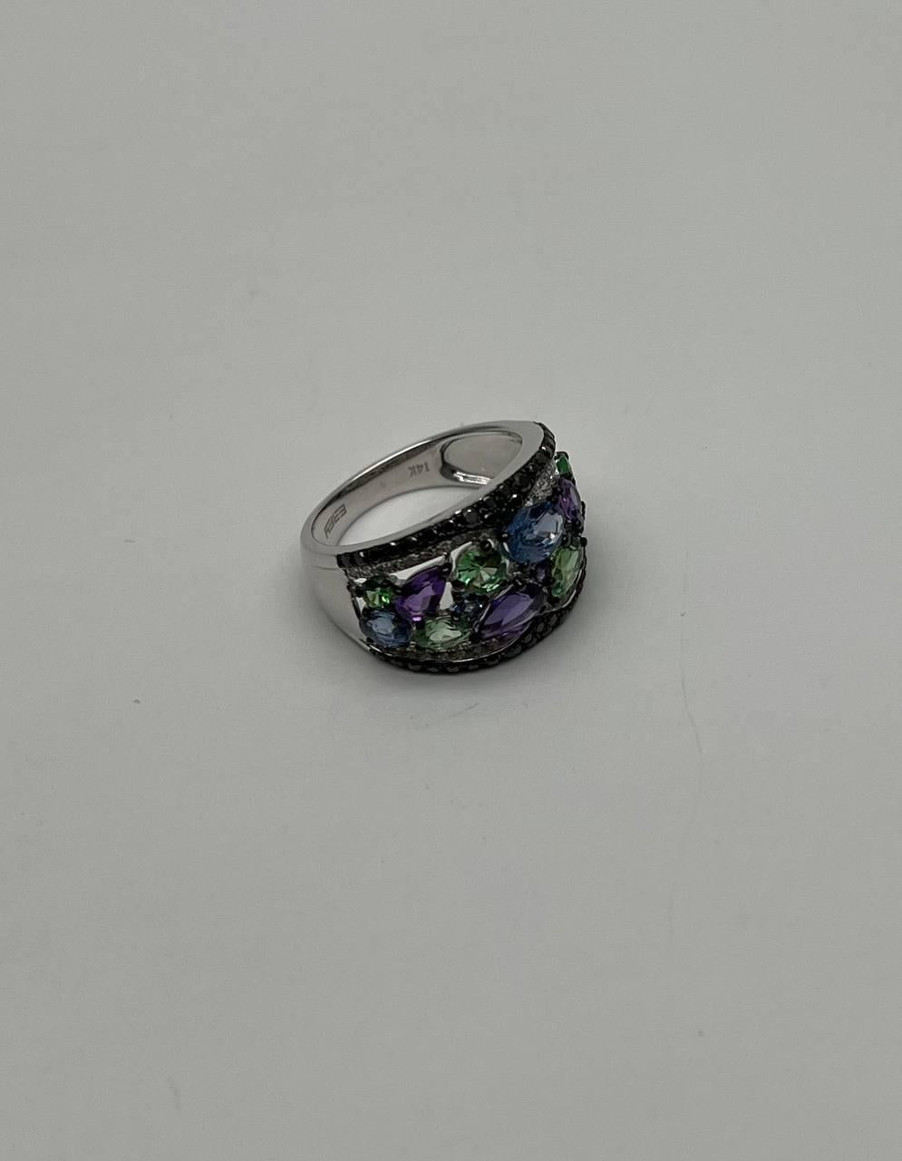 Purple Amethyst Green Tsavorite Blue Sapphire Black Diamonds 14K White Gold Ring