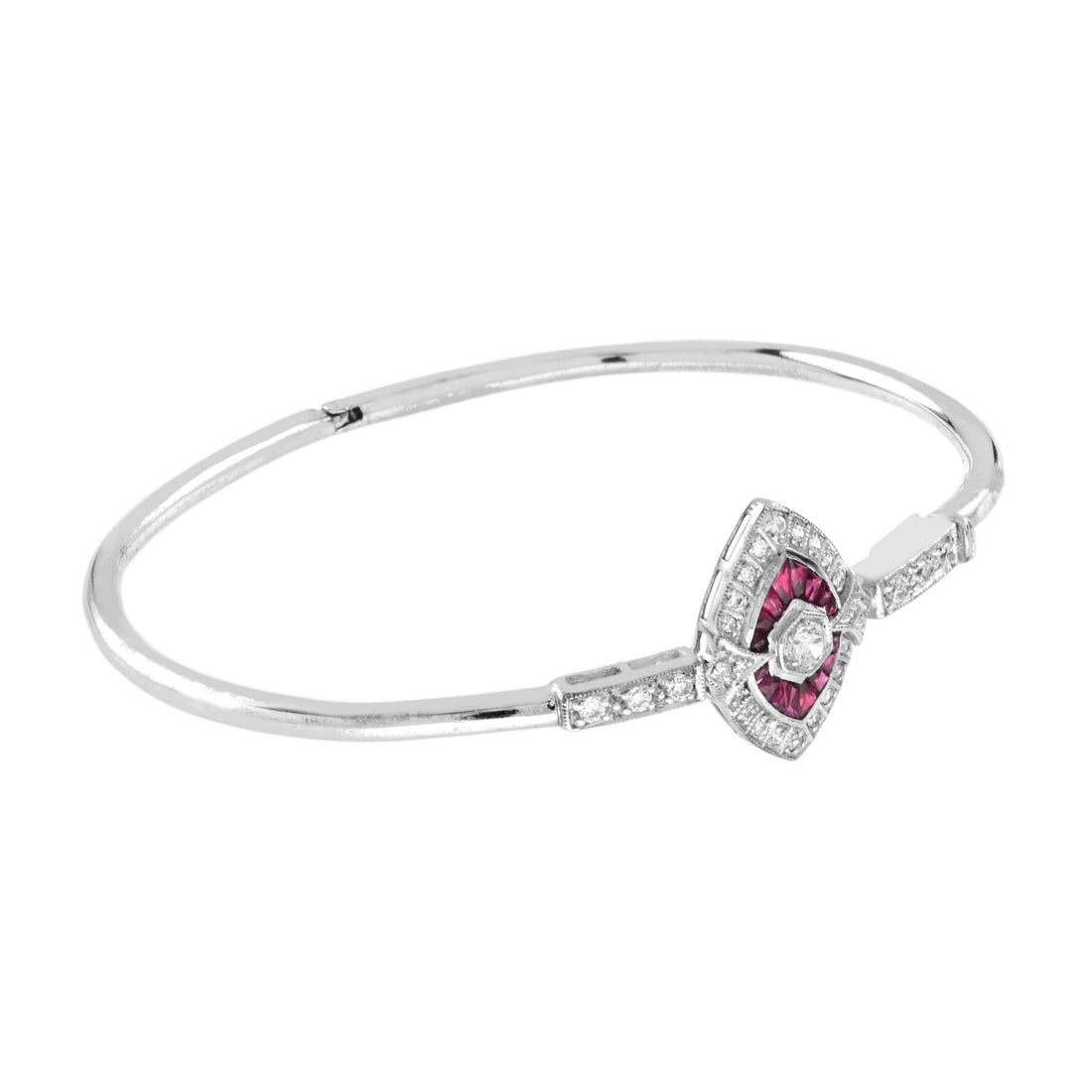 Diamond & Ruby Art Deco Inspired Fancy Halo Motif 14K White Gold Bangle Bracelet
