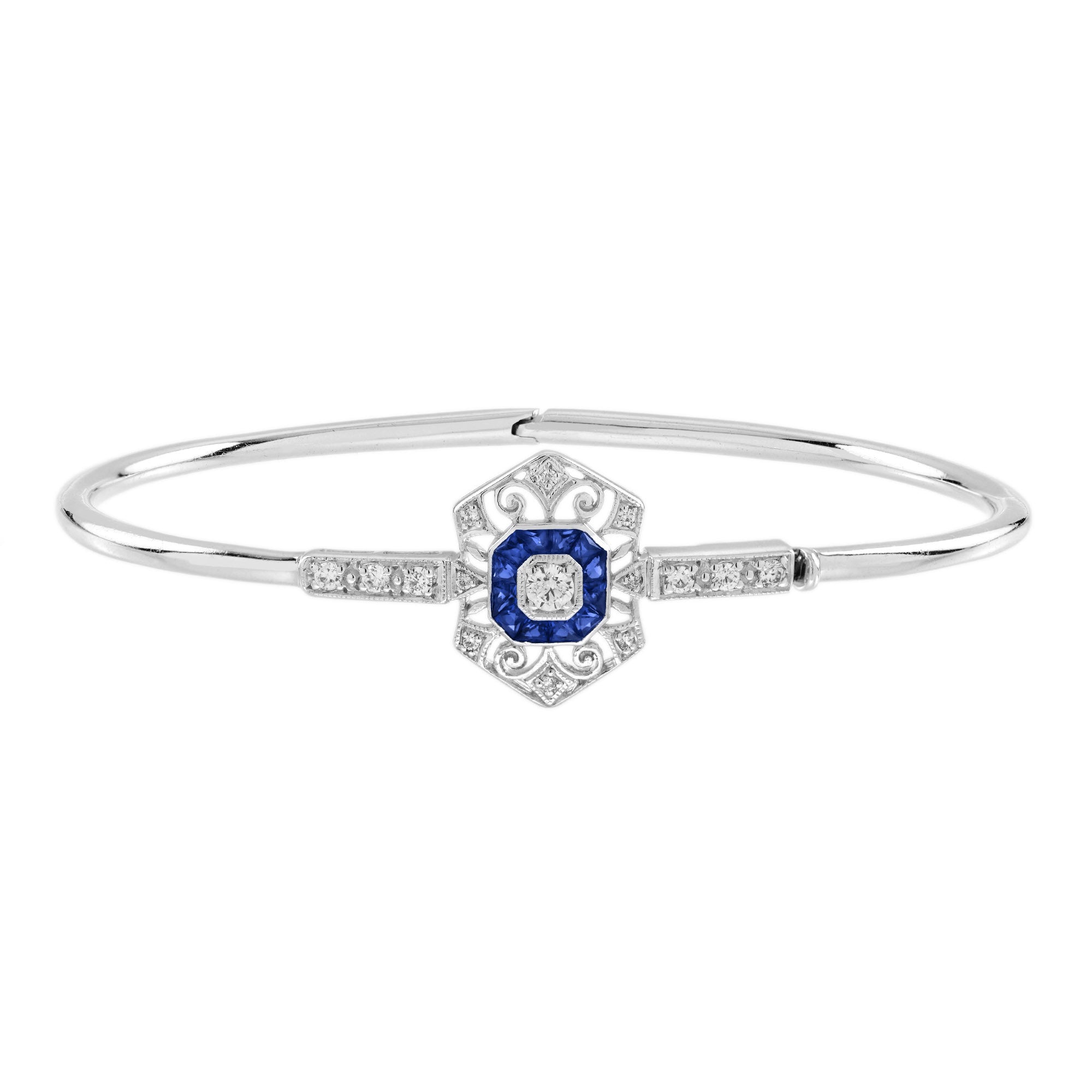 1.74 ctw Art Deco Blue Sapphire & Diamond 14K White Gold Openwork Bangle