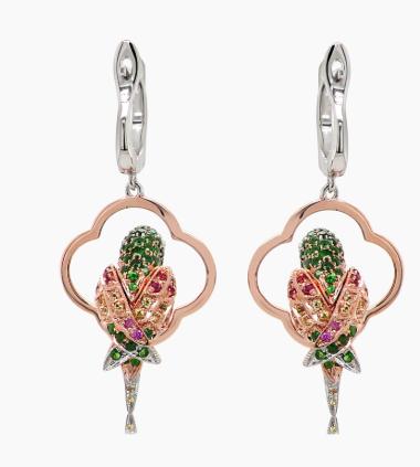 Multicolor Sapphire & Green Garnet & Diamond Parrot Bird 18K Two Tone Earrings
