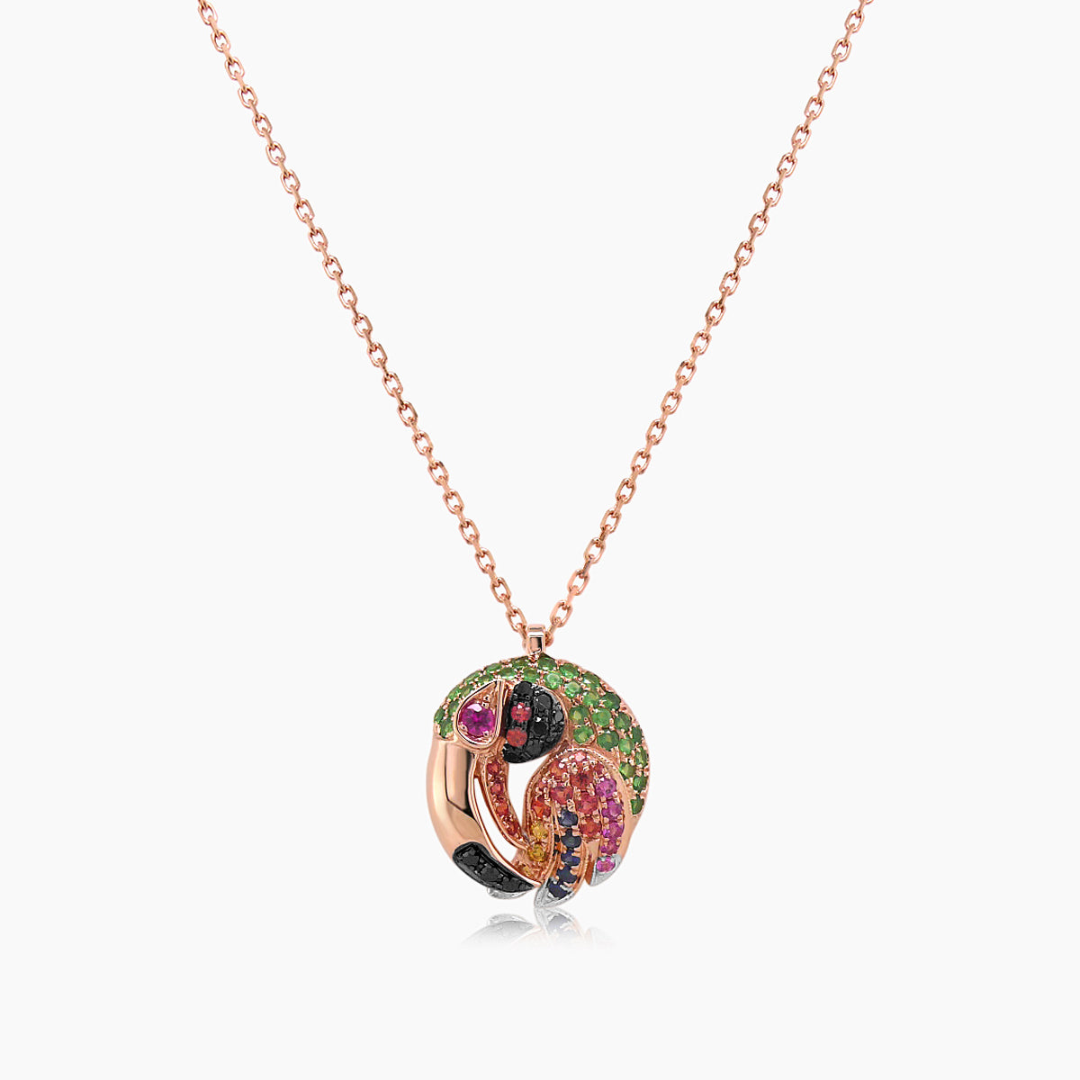 Multicolor Sapphire Gemstone & Diamond Toucan Parrot Bird Gold Pendant Necklace