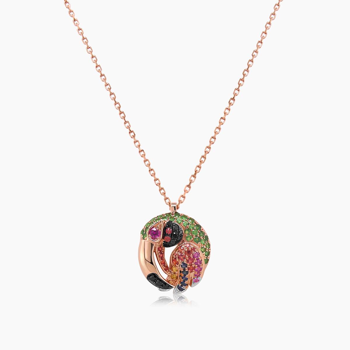 Multicolor Sapphire Gemstone & Diamond Toucan Parrot Bird Gold Pendant Necklace