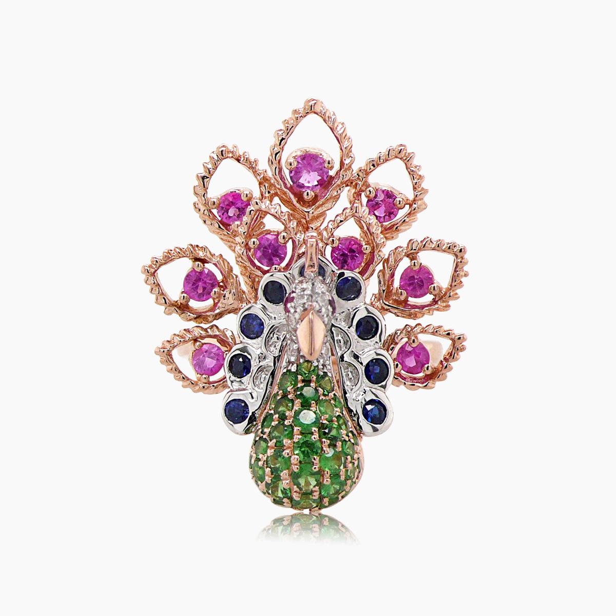 Peacock Bird Green Garnet Diamond & Ruby & Pink Sapphire 18K Rose Gold Ring
