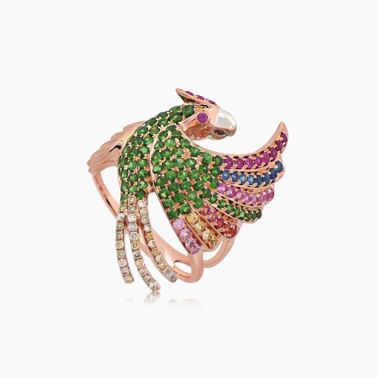 Multicolor Sapphire & Green & Diamond Toucan Parrot Bird Gold Pendant Necklace