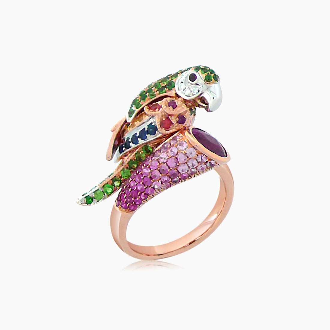Parrot Bird Green Garnet & Diamond & Sapphire & Tourmaline 18K Rose Gold Ring