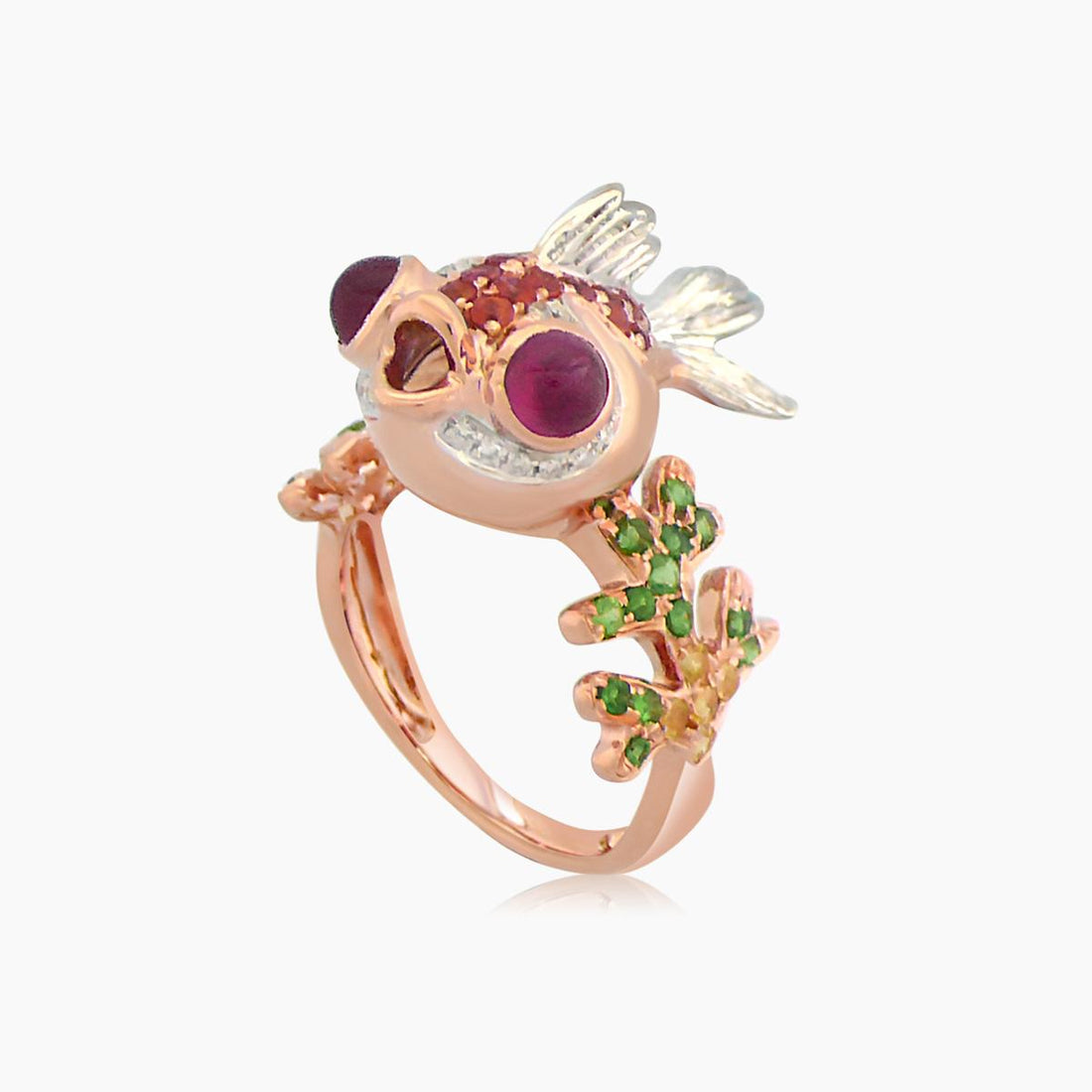 GoldFish Ruby & Diamond Pave & Green Garnet Sapphire 18K Rose Gold Animal Ring