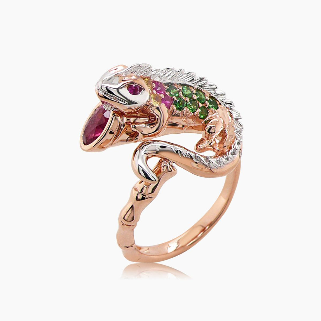 Lizard Chameleon Ruby & Diamond Pave & Green 18K Rose & White Gold Animal Ring