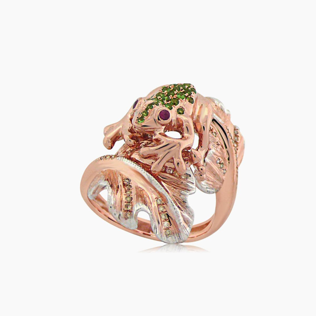 Frog Diamond Pave & Green Garnet & Ruby 18K Rose Gold Animal Ring