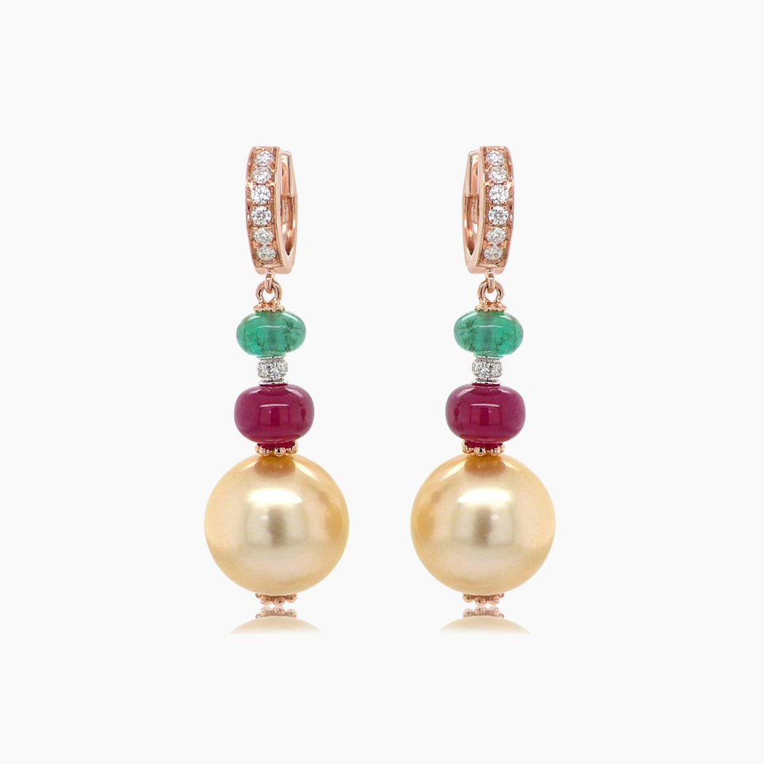 Golden Pearl & Emerald & Ruby & Diamond 18K Rose Gold Drop Earrings