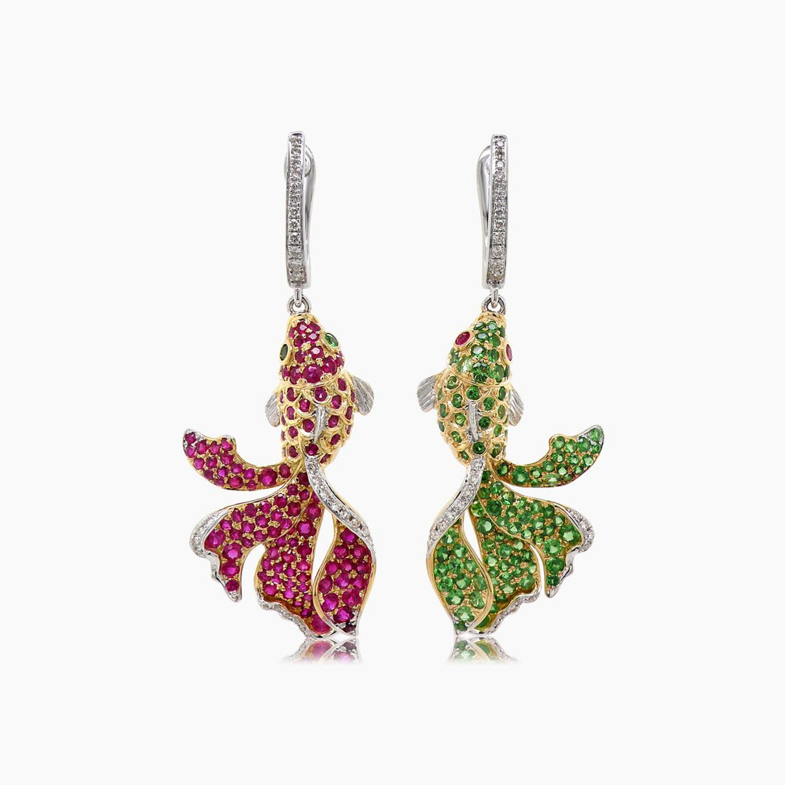 Koi Fish Diamond Pave & Ruby & Green Garnet 18K Yellow & White Gold Earrings