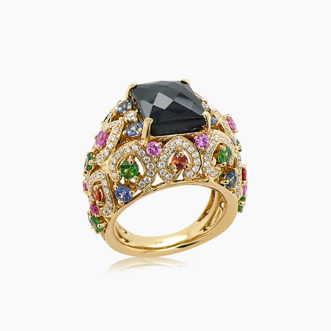 Green Tourmaline White Diamond Multi-Sapphire & Garnet 18K Yellow Gold Ring