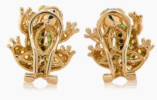 Black Diamonds & Green Garnet & Yellow Sapphire Yellow Gold Frog Animal Earrings