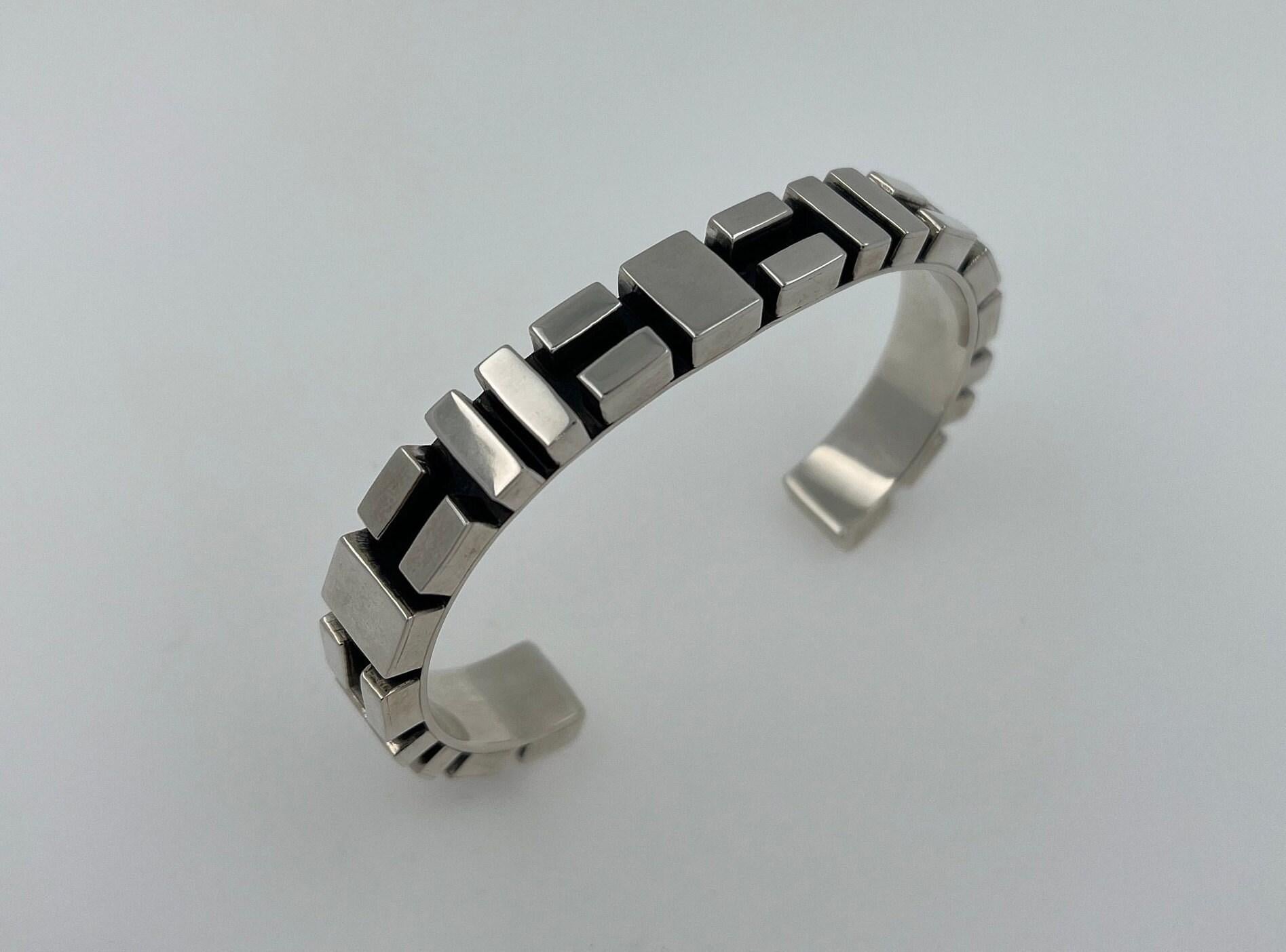 Geometric Simple Modern Statement 925 Sterling Silver Wide Cuff Bangle Bracelet