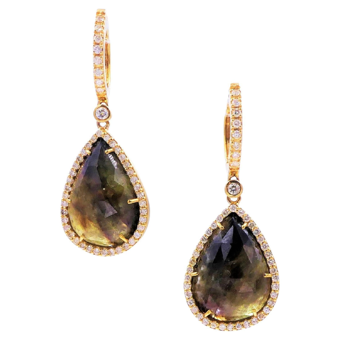 Golden Brown Black Sapphire Pear Drop Shape Sapphire Diamond Halo Gold Earrings