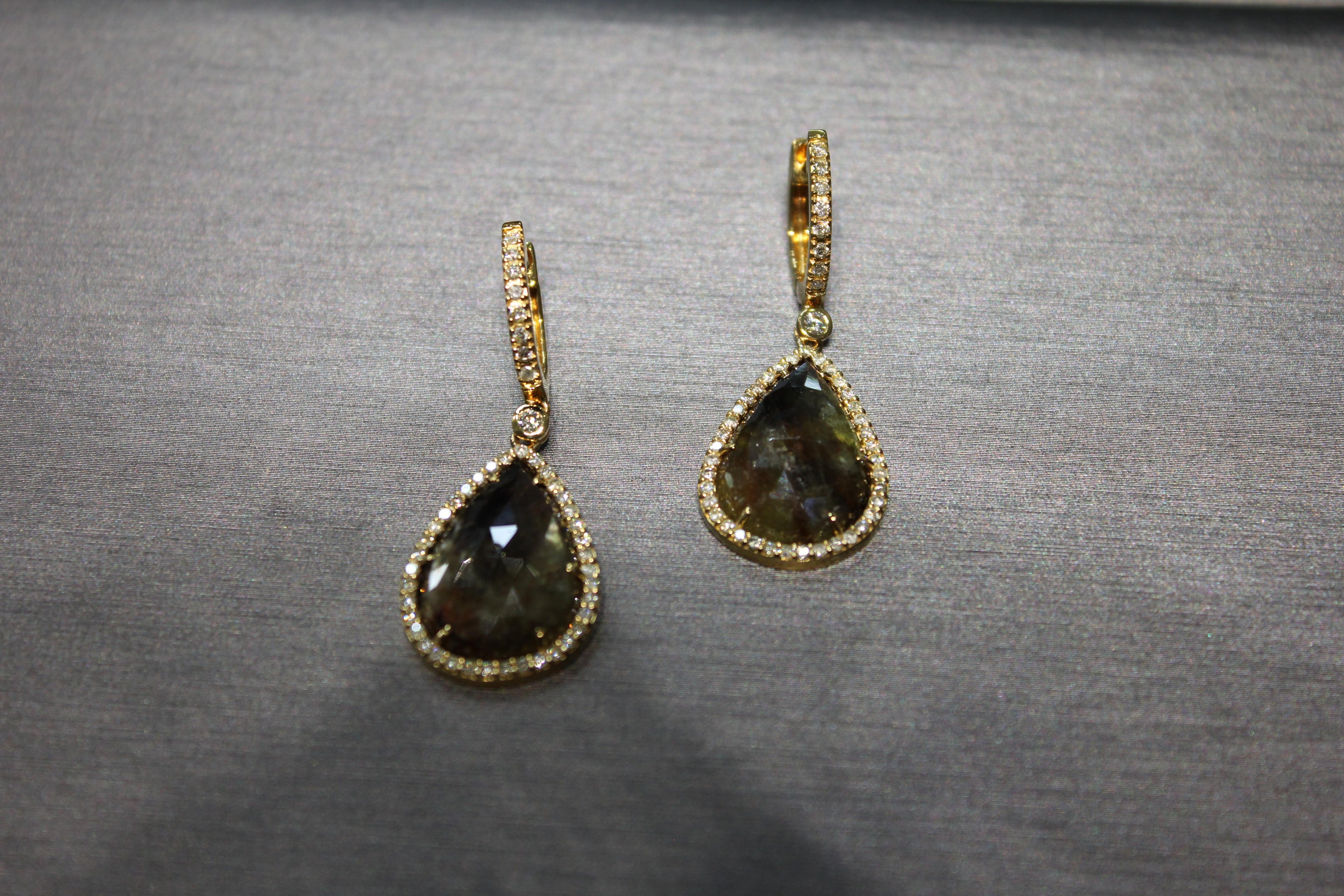 Golden Brown Black Sapphire Pear Drop Shape Sapphire Diamond Halo Gold Earrings