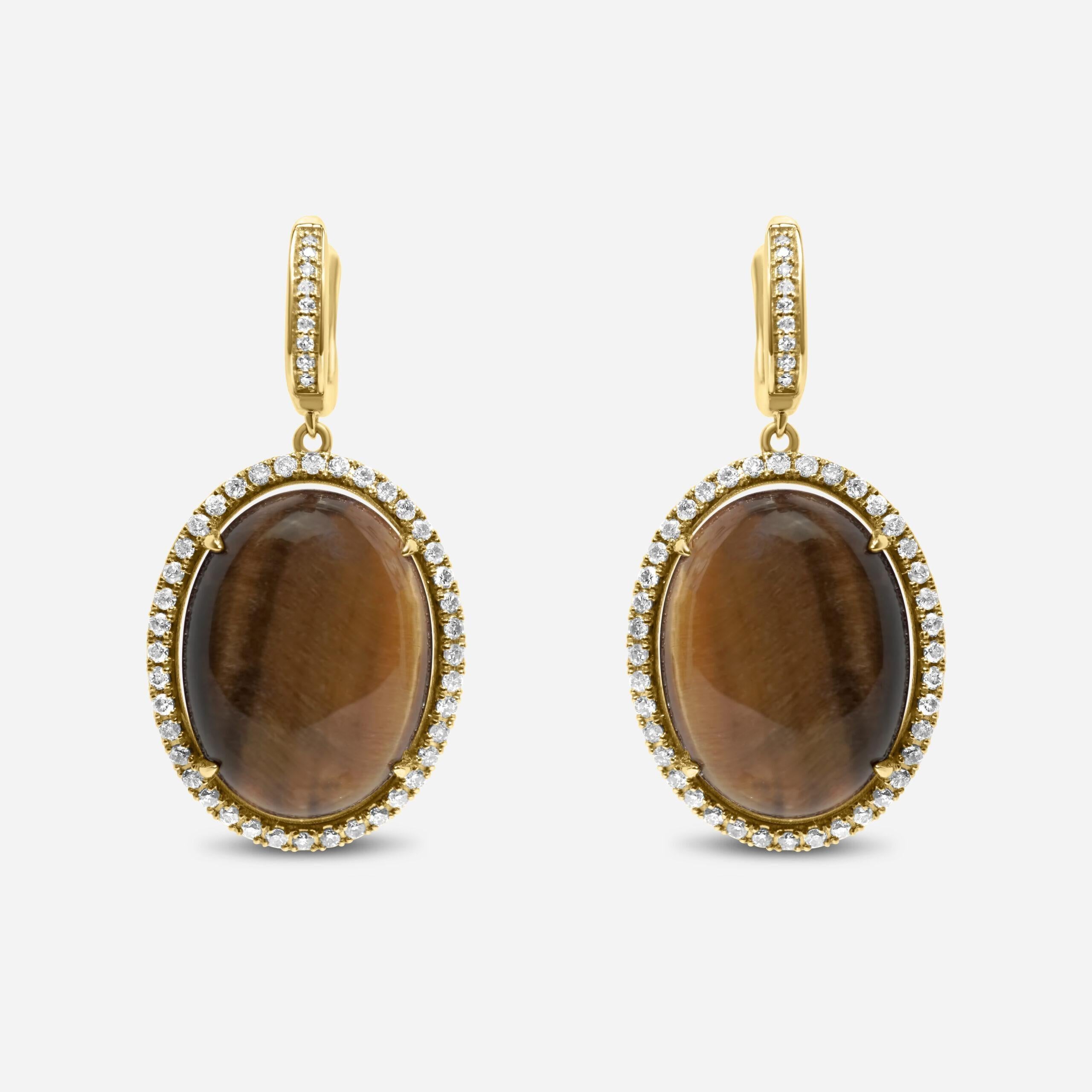 Golden Brown Tigers Eye Halo Yellow Gold Huggie Halo Diamond Pave Drop Earrings