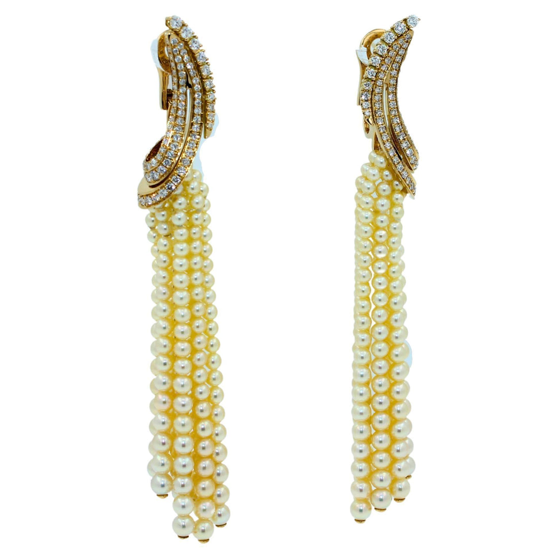 Golden White Akoya Pearl Gold Luxury Elegant Grape Cascade Wave Diamond Earrings