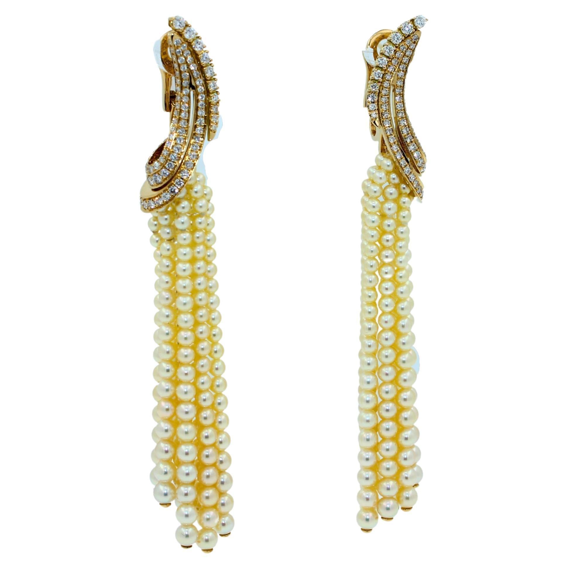 Golden White Akoya Pearl Gold Luxury Elegant Grape Cascade Wave Diamond Earrings