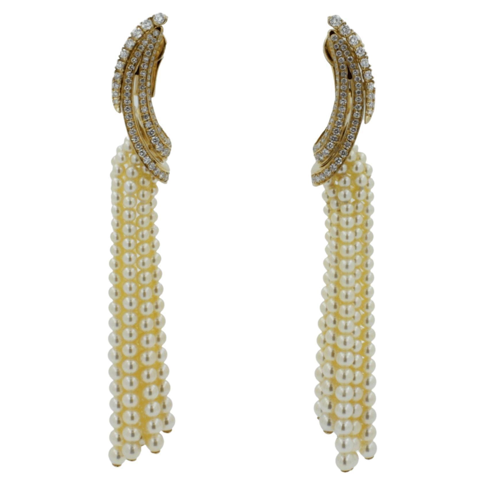 Golden White Akoya Pearl Gold Luxury Elegant Grape Cascade Wave Diamond Earrings