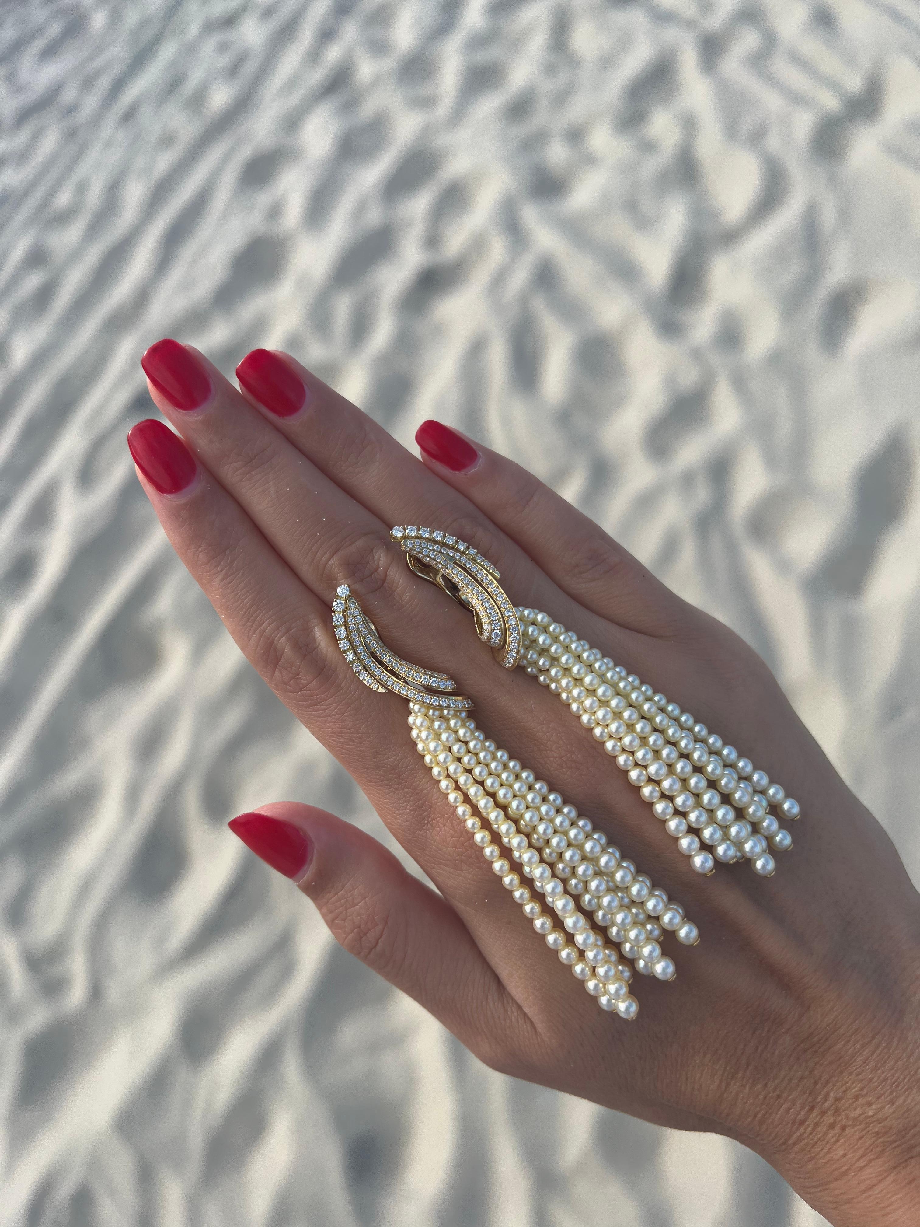 Golden White Akoya Pearl Gold Luxury Elegant Grape Cascade Wave Diamond Earrings