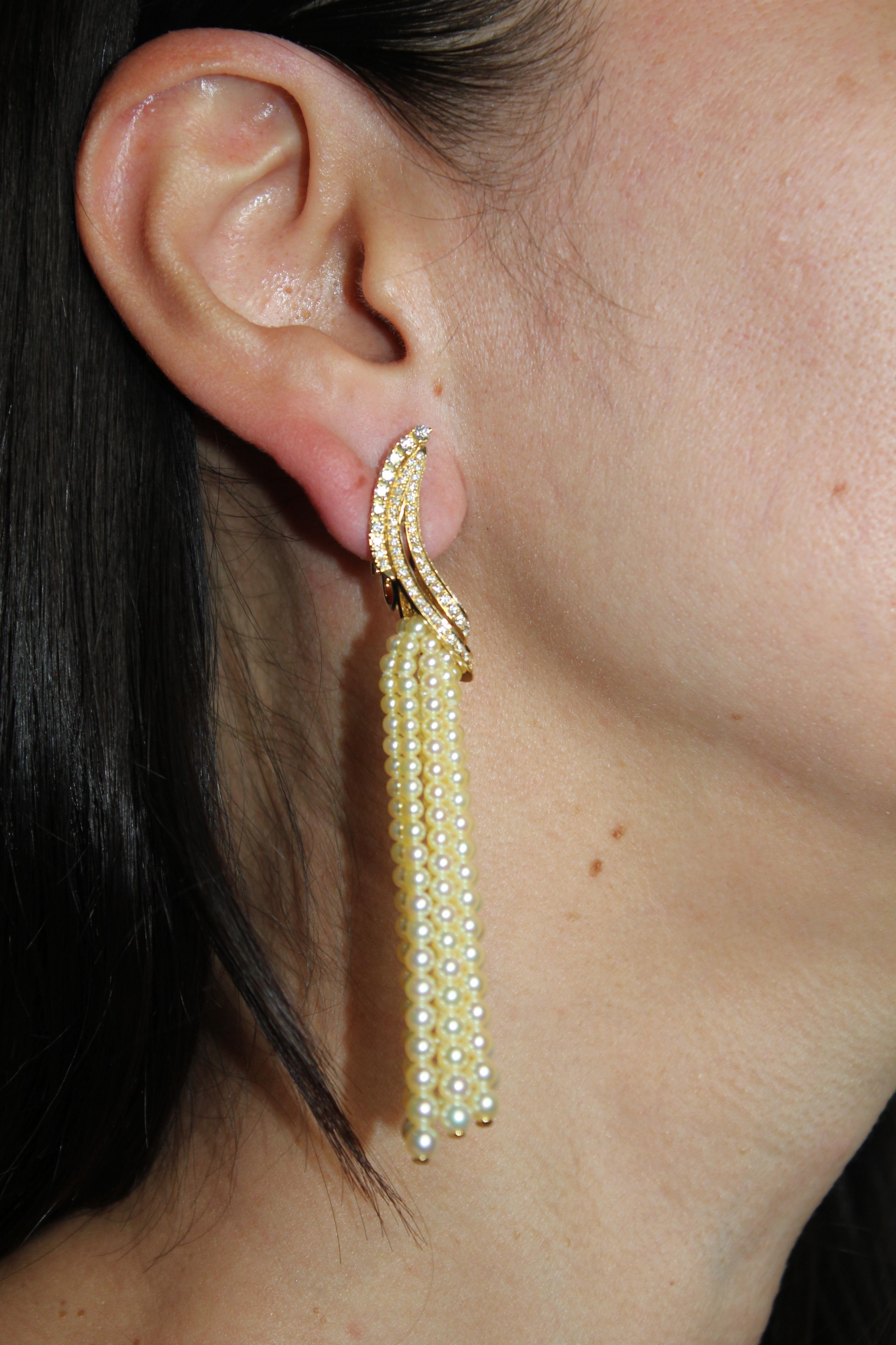 Golden White Akoya Pearl Gold Luxury Elegant Grape Cascade Wave Diamond Earrings