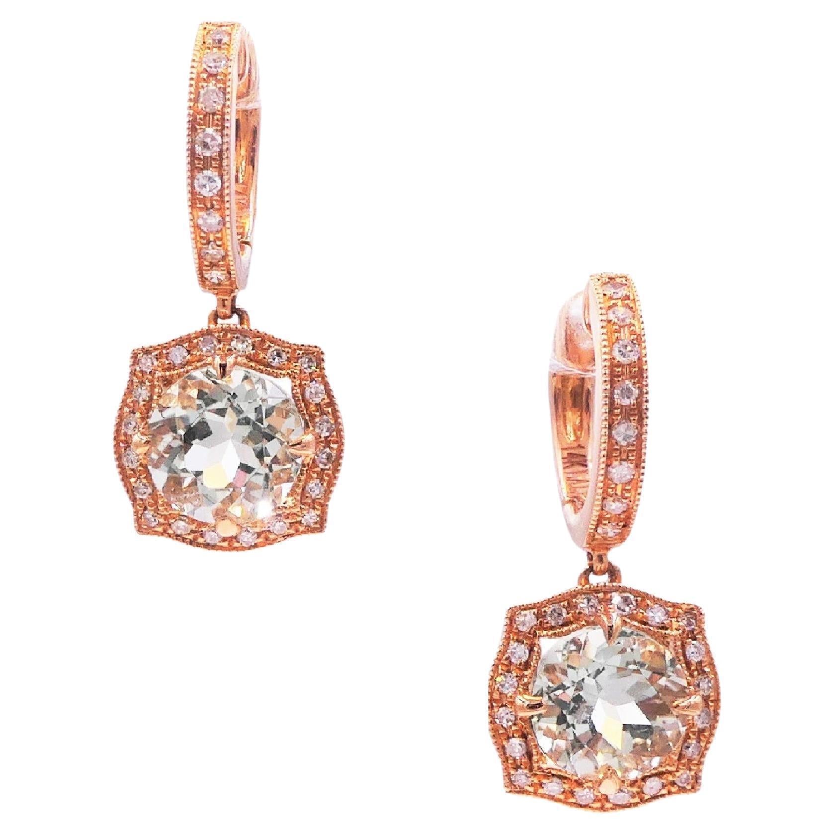 Green Amethyst Prasiolite Diamond Halo Rose Gold Huggie Drop Unique Earrings