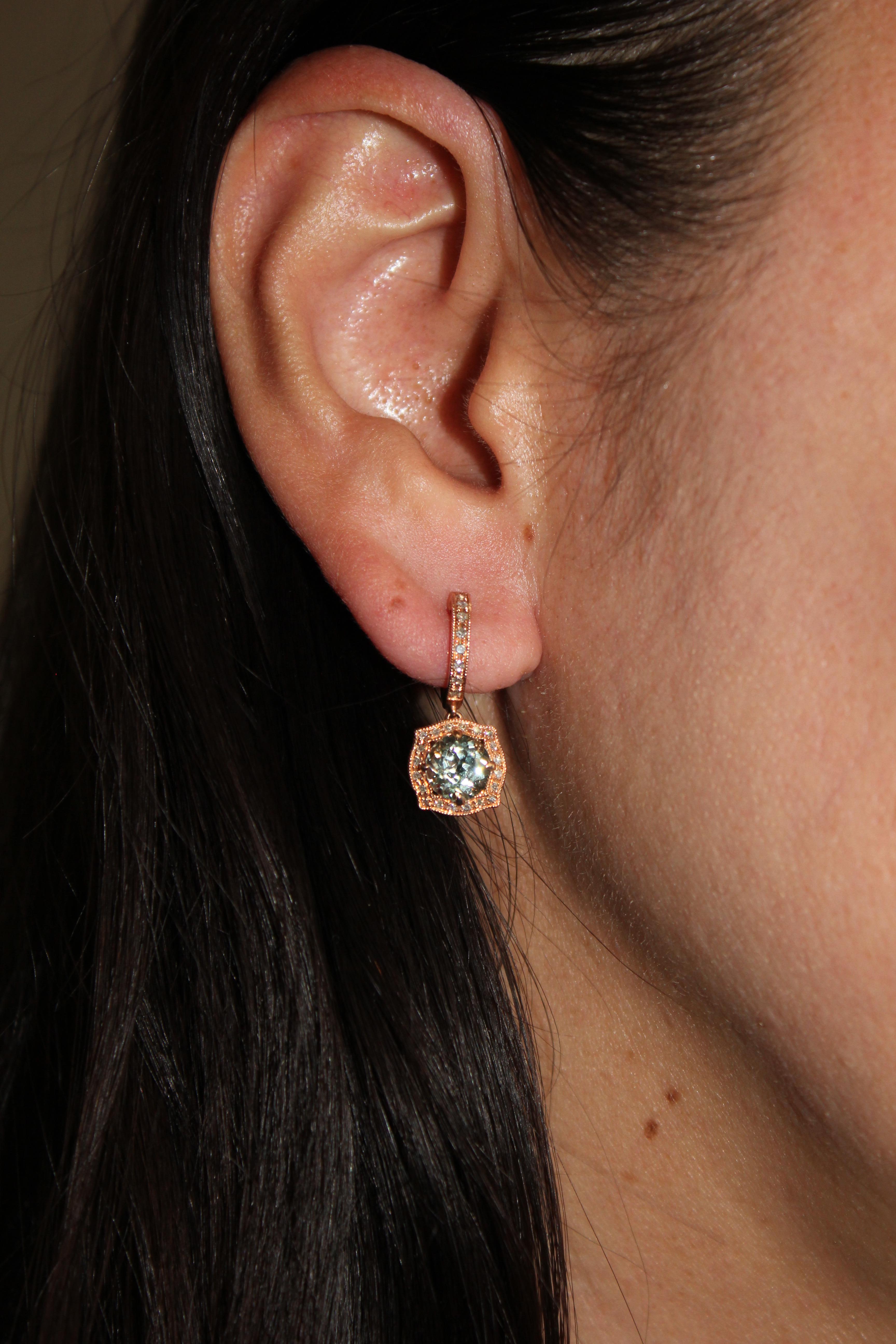 Green Amethyst Prasiolite Diamond Halo Rose Gold Huggie Drop Unique Earrings