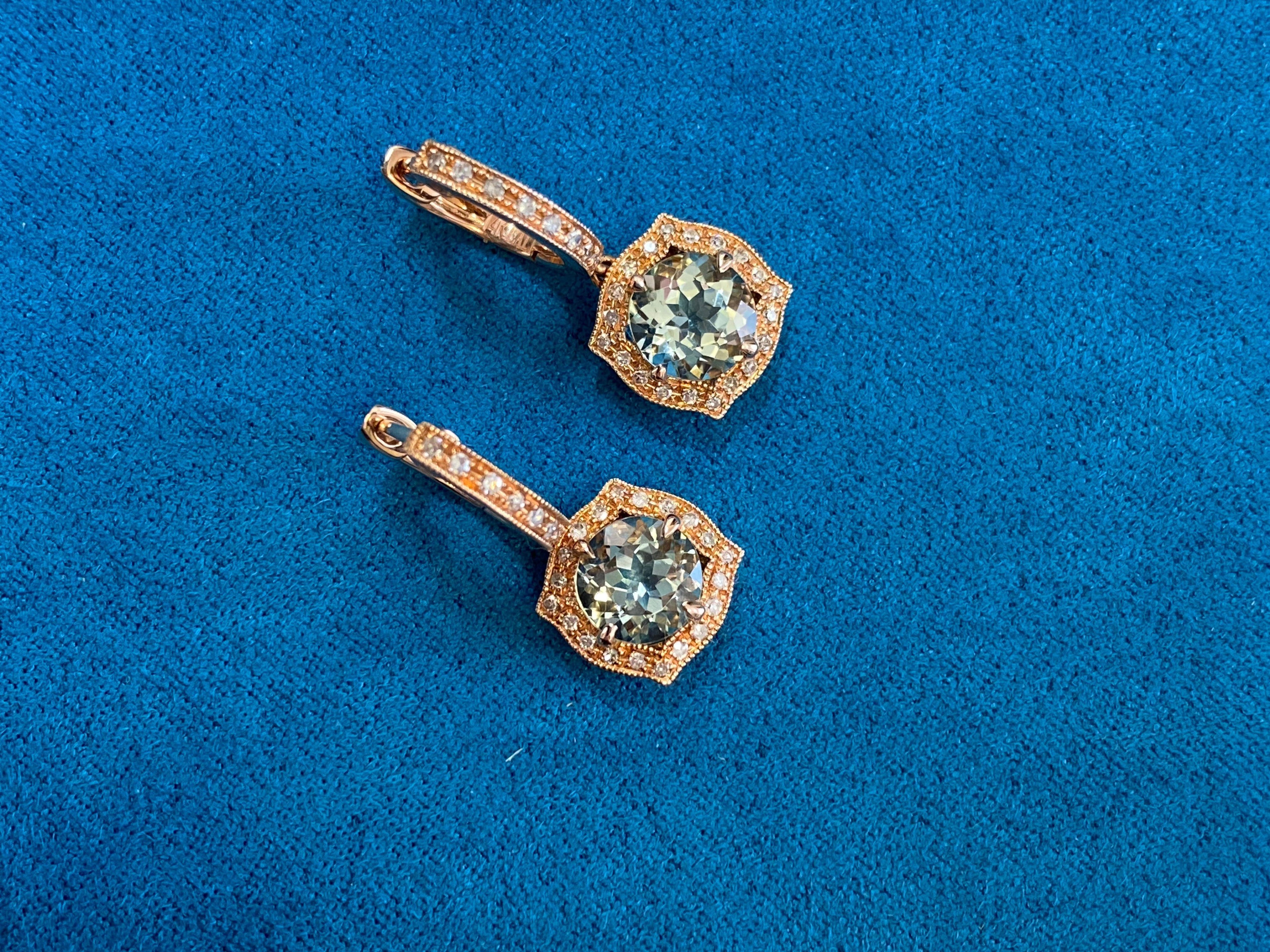 Green Amethyst Prasiolite Diamond Halo Rose Gold Huggie Drop Unique Earrings