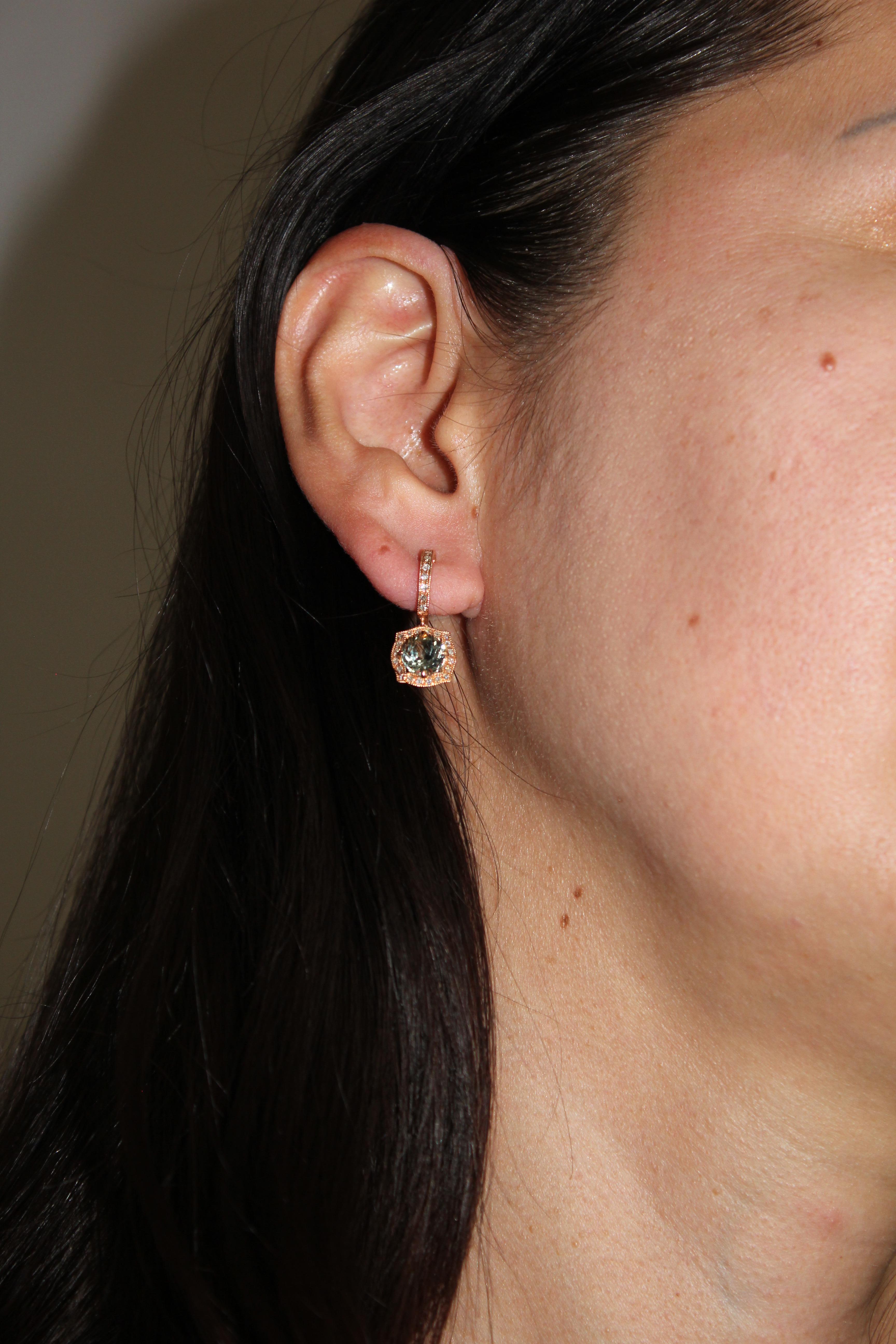 Green Amethyst Prasiolite Diamond Halo Rose Gold Huggie Drop Unique Earrings